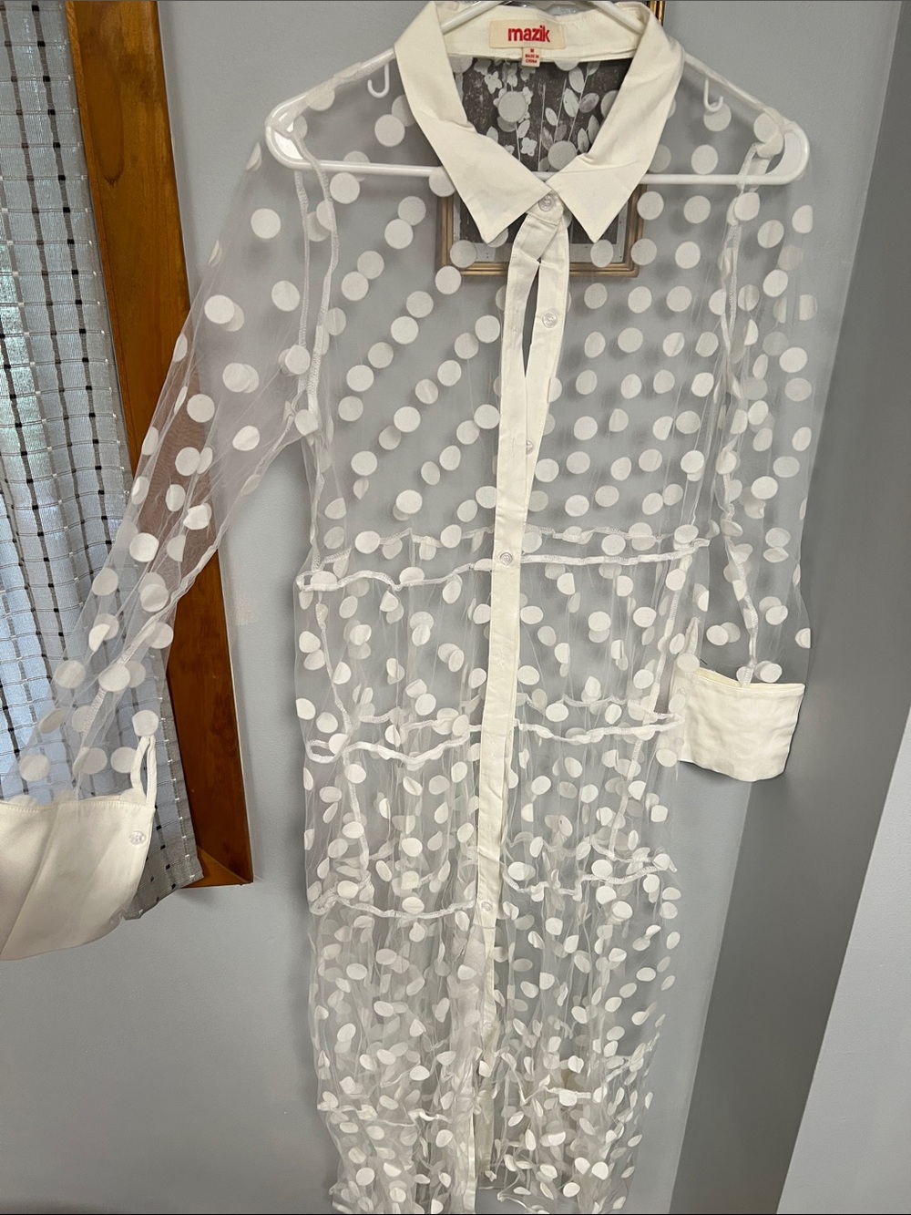 Mazik White Sheer Polka Dot Long Sleeve Button Dress